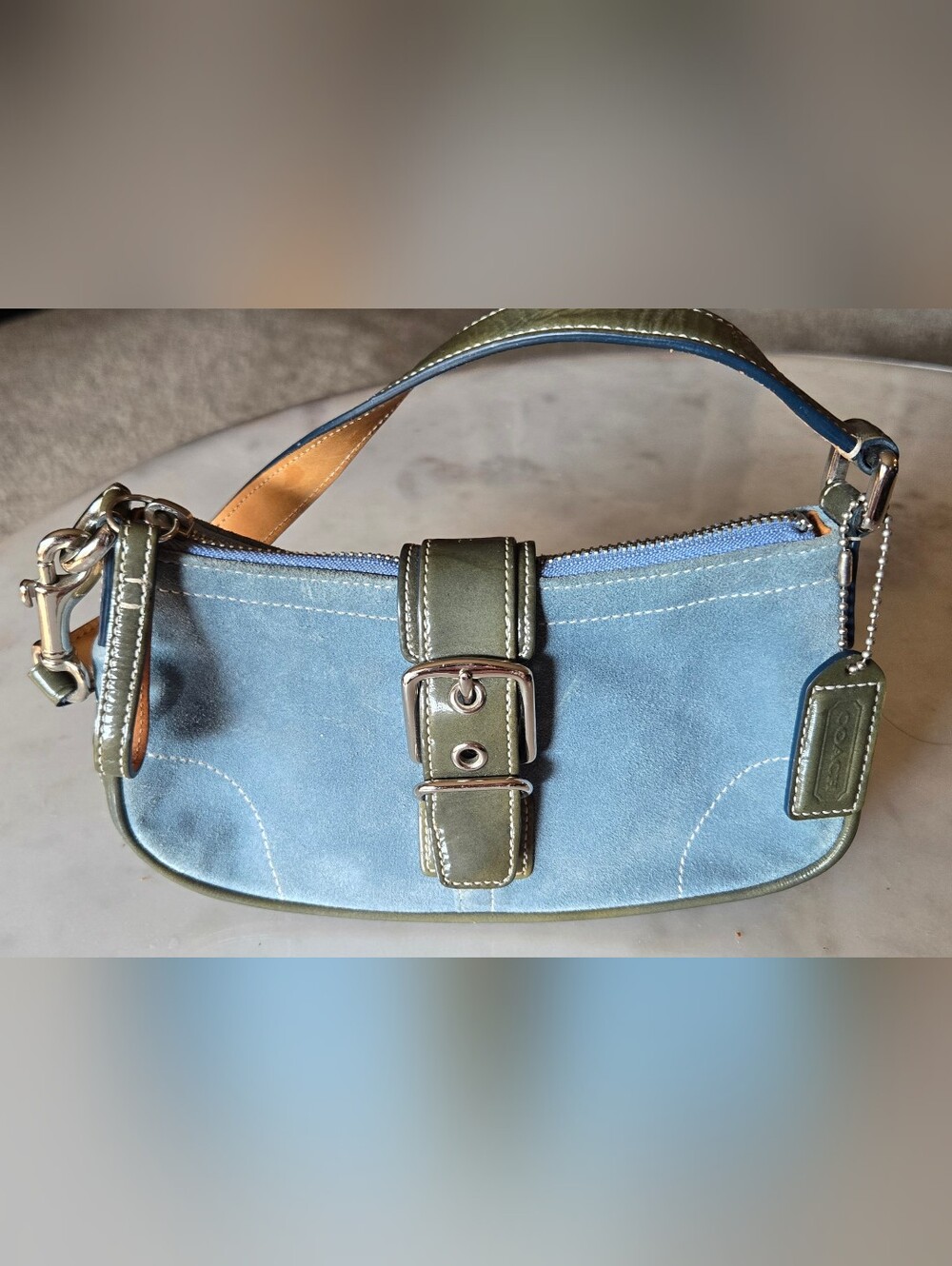 Vintage Coach 9761 Blue Suede Leather Buckle Shoulder Bag